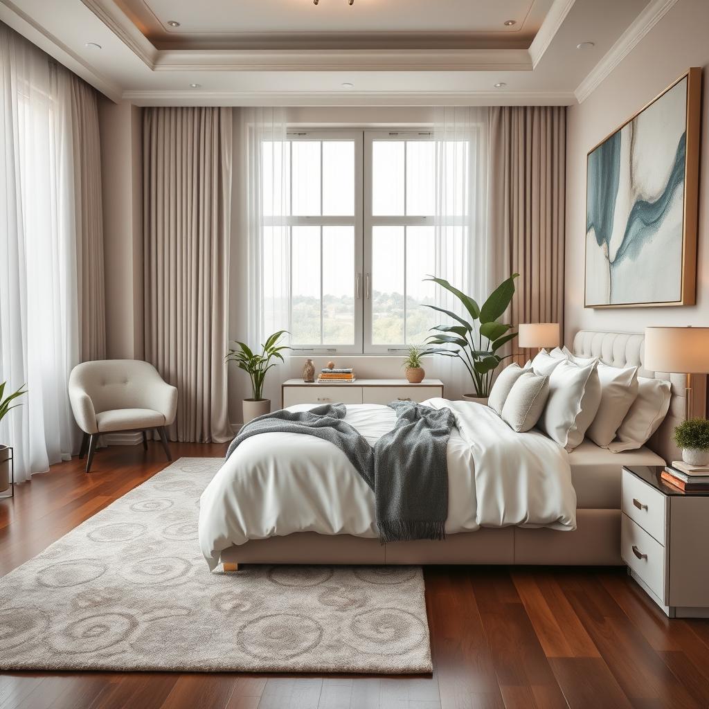 A luxurious, modern bedroom featuring elegant decor