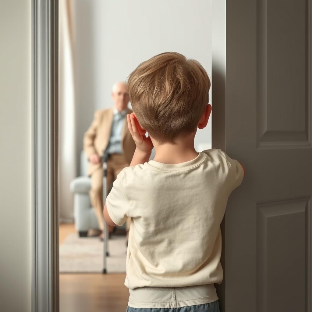 A young boy with short, golden hair and green eyes, depicted from behind as he stands with his back to the viewer