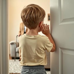 A young boy with short, golden hair and green eyes, depicted from behind as he stands with his back to the viewer