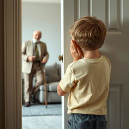 A young boy with short, golden hair and green eyes, depicted from behind as he stands with his back to the viewer