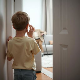 A young boy with short, golden hair and green eyes, depicted from behind as he stands with his back to the viewer