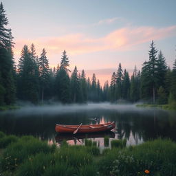A serene forest scene at dawn, showcasing a peaceful lake surrounded by tall pine trees