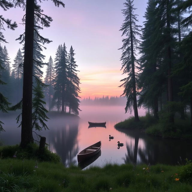 A serene forest scene at dawn, showcasing a peaceful lake surrounded by tall pine trees