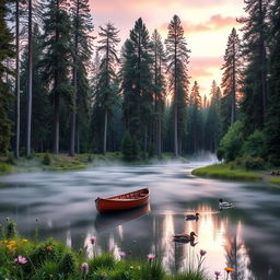 A serene forest scene at dawn, showcasing a peaceful lake surrounded by tall pine trees