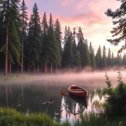 A serene forest scene at dawn, showcasing a peaceful lake surrounded by tall pine trees
