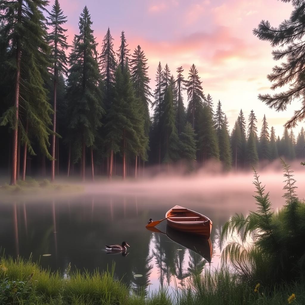 A serene forest scene at dawn, showcasing a peaceful lake surrounded by tall pine trees