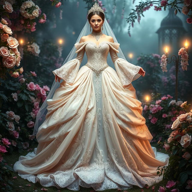 A majestic wedding dress inspired by fairytales, resembling an empress or queen's attire