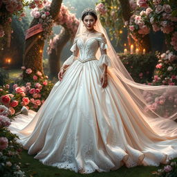 A majestic wedding dress inspired by fairytales, resembling an empress or queen's attire