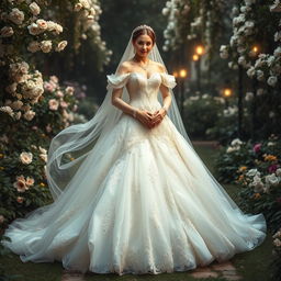 A majestic wedding dress inspired by fairytales, resembling an empress or queen's attire
