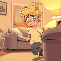 A detailed digital illustration of a boy named Omid, who is 10 years old, in a cozy home setting