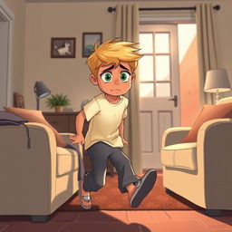 A detailed digital illustration of a boy named Omid, who is 10 years old, in a cozy home setting