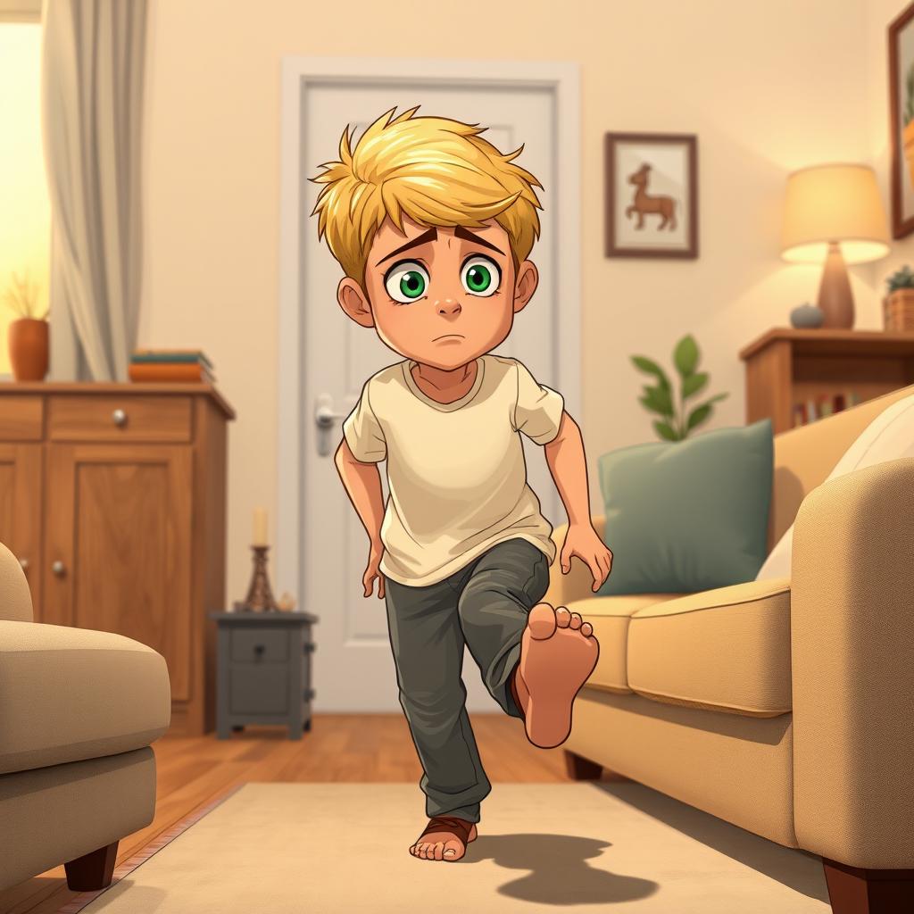 A detailed digital illustration of a boy named Omid, who is 10 years old, in a cozy home setting