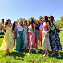 A vibrant outdoor scene featuring a group of stylish young women wearing fashionable skirts of various colors and patterns