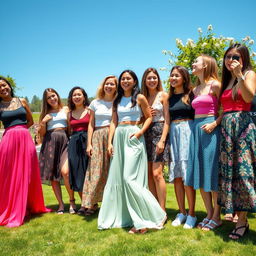 A vibrant outdoor scene featuring a group of stylish young women wearing fashionable skirts of various colors and patterns