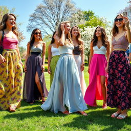 A vibrant outdoor scene featuring a group of stylish young women wearing fashionable skirts of various colors and patterns