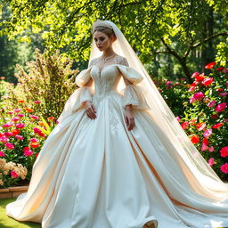 A very majestic wedding dress inspired by fairytales, embodying the essence of an empress or queen