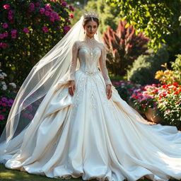 A very majestic wedding dress inspired by fairytales, embodying the essence of an empress or queen
