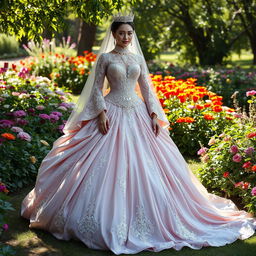 A very majestic wedding dress inspired by fairytales, embodying the essence of an empress or queen