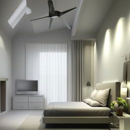 A HiTech design married couple's bedroom sized 3.5m x 6m, painted in light gray color.