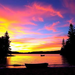 A beautiful sunset over a serene lake, reflecting vibrant hues of orange, pink, and purple in the sky
