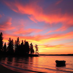 A beautiful sunset over a serene lake, reflecting vibrant hues of orange, pink, and purple in the sky