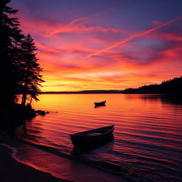 A beautiful sunset over a serene lake, reflecting vibrant hues of orange, pink, and purple in the sky