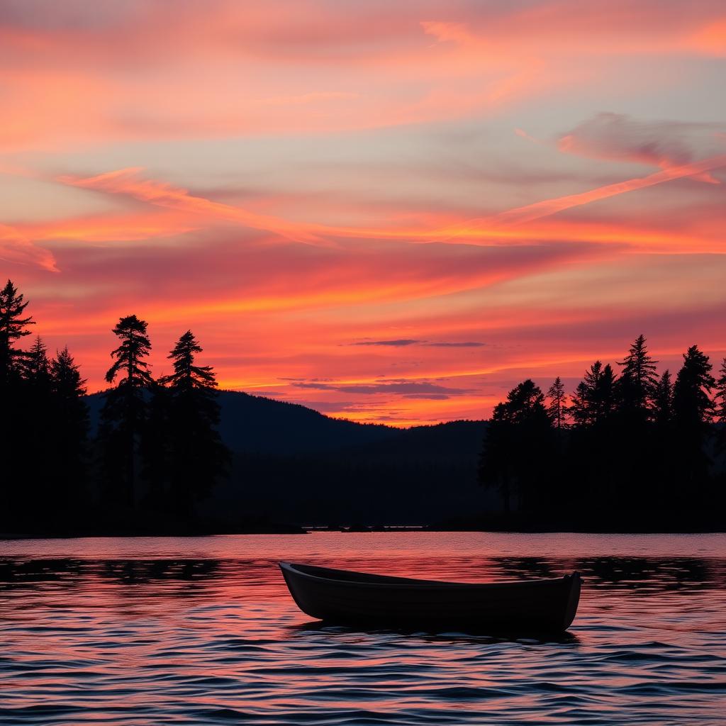 A beautiful sunset over a serene lake, reflecting vibrant hues of orange, pink, and purple in the sky