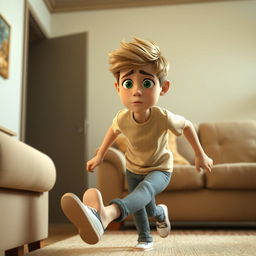 A highly detailed 3D animated-style illustration of a 10-year-old boy named Omid in a cozy, realistic home setting