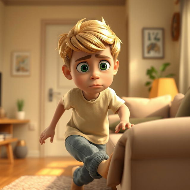 A highly detailed 3D animated-style illustration of a 10-year-old boy named Omid in a cozy, realistic home setting