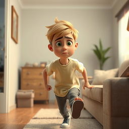 A highly detailed 3D animated-style illustration of a 10-year-old boy named Omid in a cozy, realistic home setting