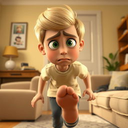 A highly detailed 3D animated-style illustration of a 10-year-old boy named Omid in a cozy, realistic home setting