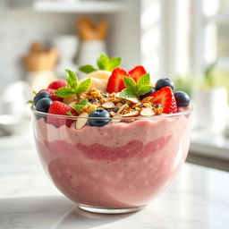 A vibrant and refreshing smoothie bowl topped with an assortment of healthy ingredients