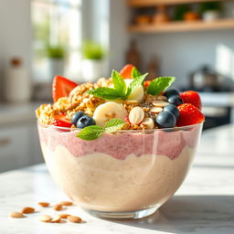 A vibrant and refreshing smoothie bowl topped with an assortment of healthy ingredients