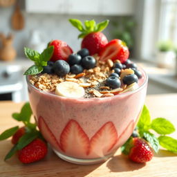 A vibrant and refreshing smoothie bowl topped with an assortment of healthy ingredients