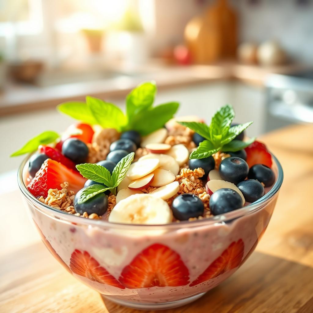 A vibrant and refreshing smoothie bowl topped with an assortment of healthy ingredients