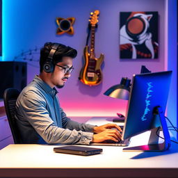 A focused programmer sitting at a sleek computer desk, intensely coding on a laptop with colorful lines of code glowing on the screen