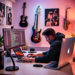 A focused programmer sitting at a sleek computer desk, intensely coding on a laptop with colorful lines of code glowing on the screen