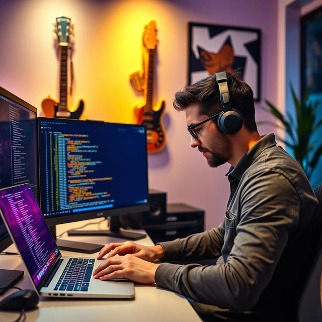 A focused programmer sitting at a sleek computer desk, intensely coding on a laptop with colorful lines of code glowing on the screen