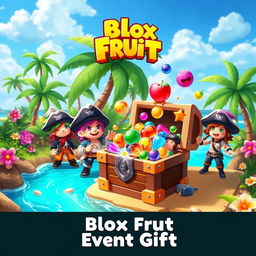 A colorful digital illustration inspired by a fantasy game world, featuring an exciting scene from the 'Blox Fruit' game