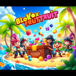A colorful digital illustration inspired by a fantasy game world, featuring an exciting scene from the 'Blox Fruit' game
