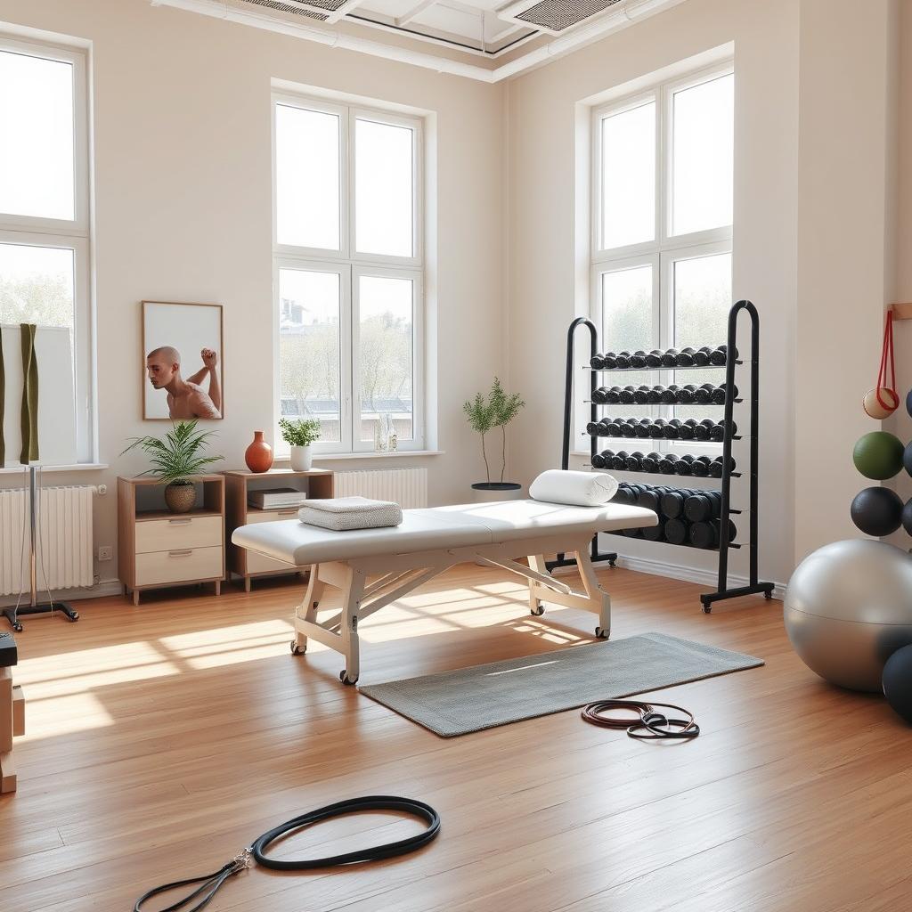 A modern physiotherapy and osteopathy studio, consisting of two distinct areas within a spacious 36 square meter layout