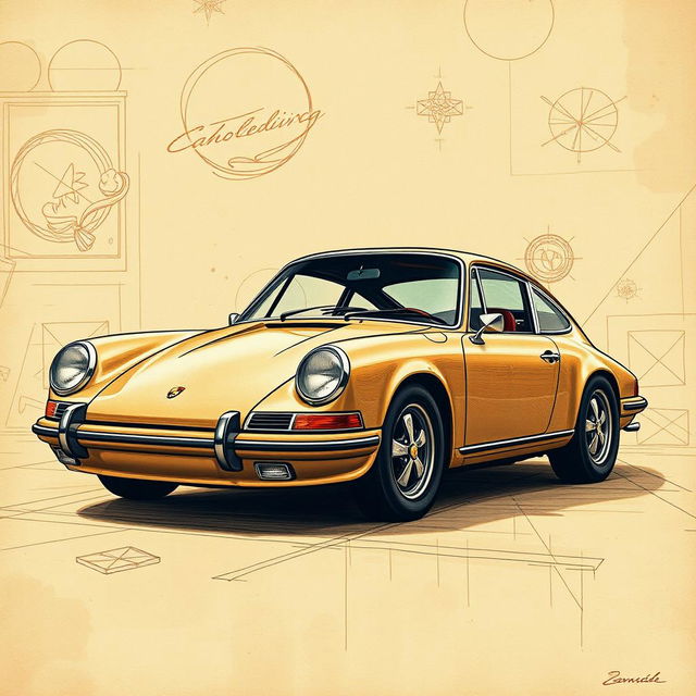 A stunning poster of a classic Porsche 911, crafted in the artistic style of Leonardo da Vinci