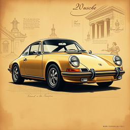 A stunning poster of a classic Porsche 911, crafted in the artistic style of Leonardo da Vinci