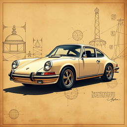 A stunning poster of a classic Porsche 911, crafted in the artistic style of Leonardo da Vinci