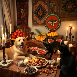 A cozy and festive Yalda night gathering featuring a cheerful dog and a playful cat among traditional decorations