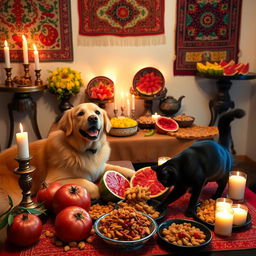 A cozy and festive Yalda night gathering featuring a cheerful dog and a playful cat among traditional decorations