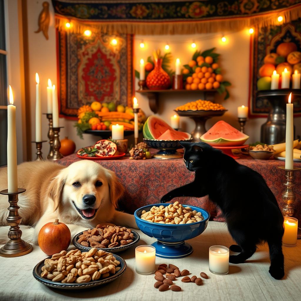 A cozy and festive Yalda night gathering featuring a cheerful dog and a playful cat among traditional decorations