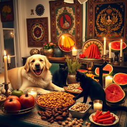 A cozy and festive Yalda night gathering featuring a cheerful dog and a playful cat among traditional decorations