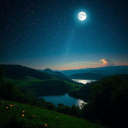 A scenic landscape transformed from day to night, showcasing a starry sky filled with bright constellations