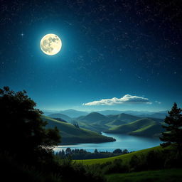 A scenic landscape transformed from day to night, showcasing a starry sky filled with bright constellations